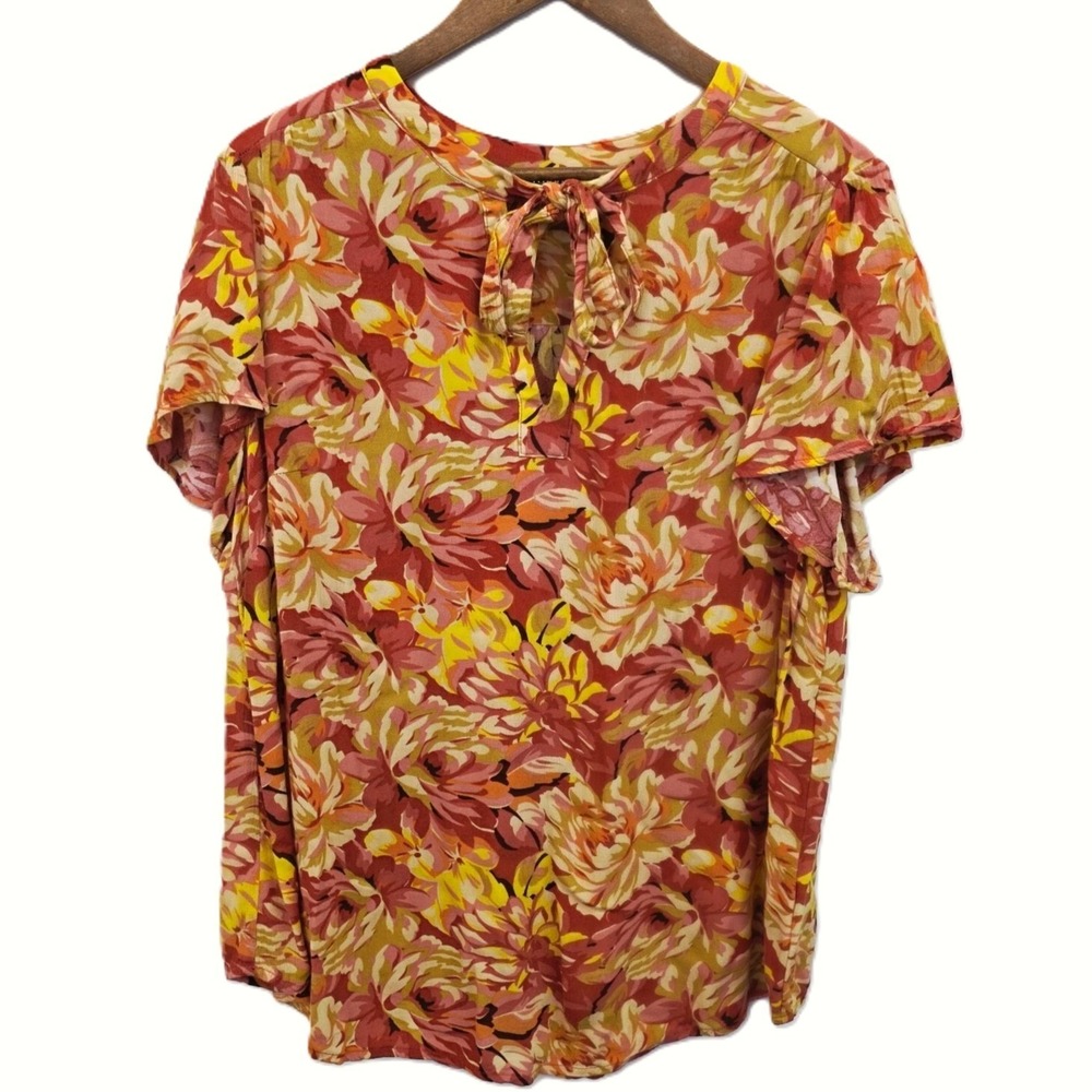 Torrid Womens 1X Floral Peasant Top Tie Neck Short Sleeve Flowy Boho Blouse